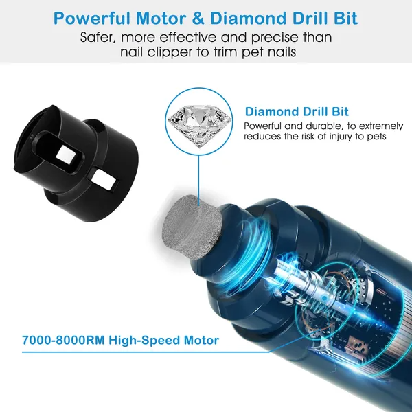 Cordless pet nail grinder with 2 speed settings